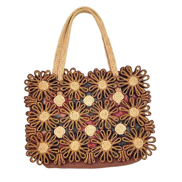 Woven Raffia Daisy Flower Tote Bag Natural Straw Boho 12x9 Medium Shoulder Bag - Picture 1 of 6